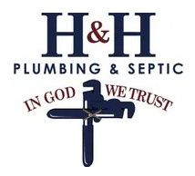 Logo for H&H Plumbing & Septic: blue letters "H&H" with "&" in maroon, wrench graphic, and "In God We Trust".