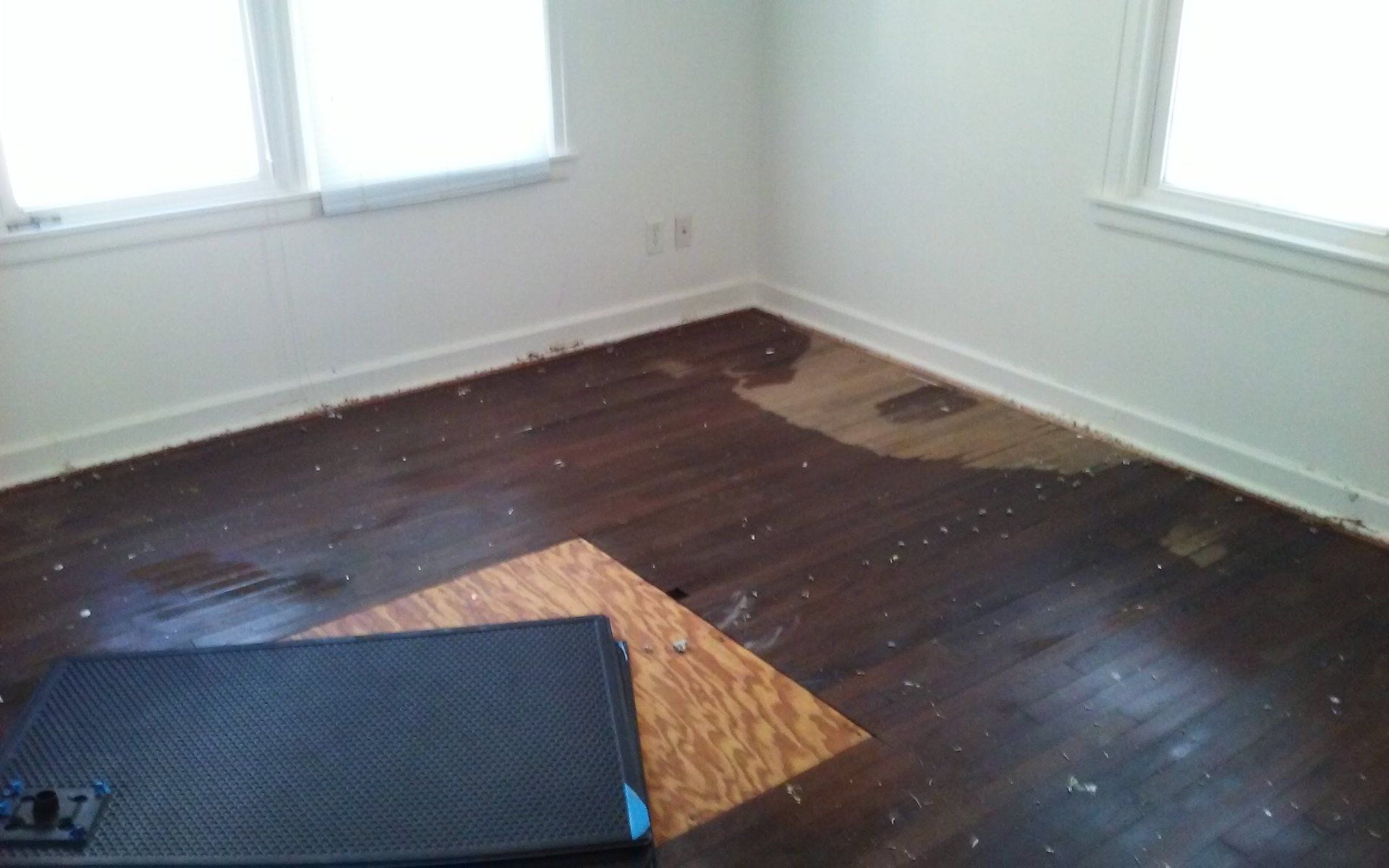 A room with damaged hardwood floors, possibly from water damage. White walls, two windows, and remnants of flooring are visible.