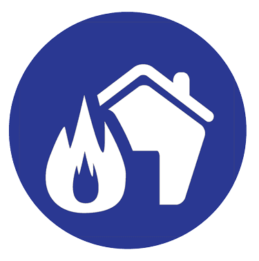 Blue circle with a white house and fire icon, indicating a fire hazard.