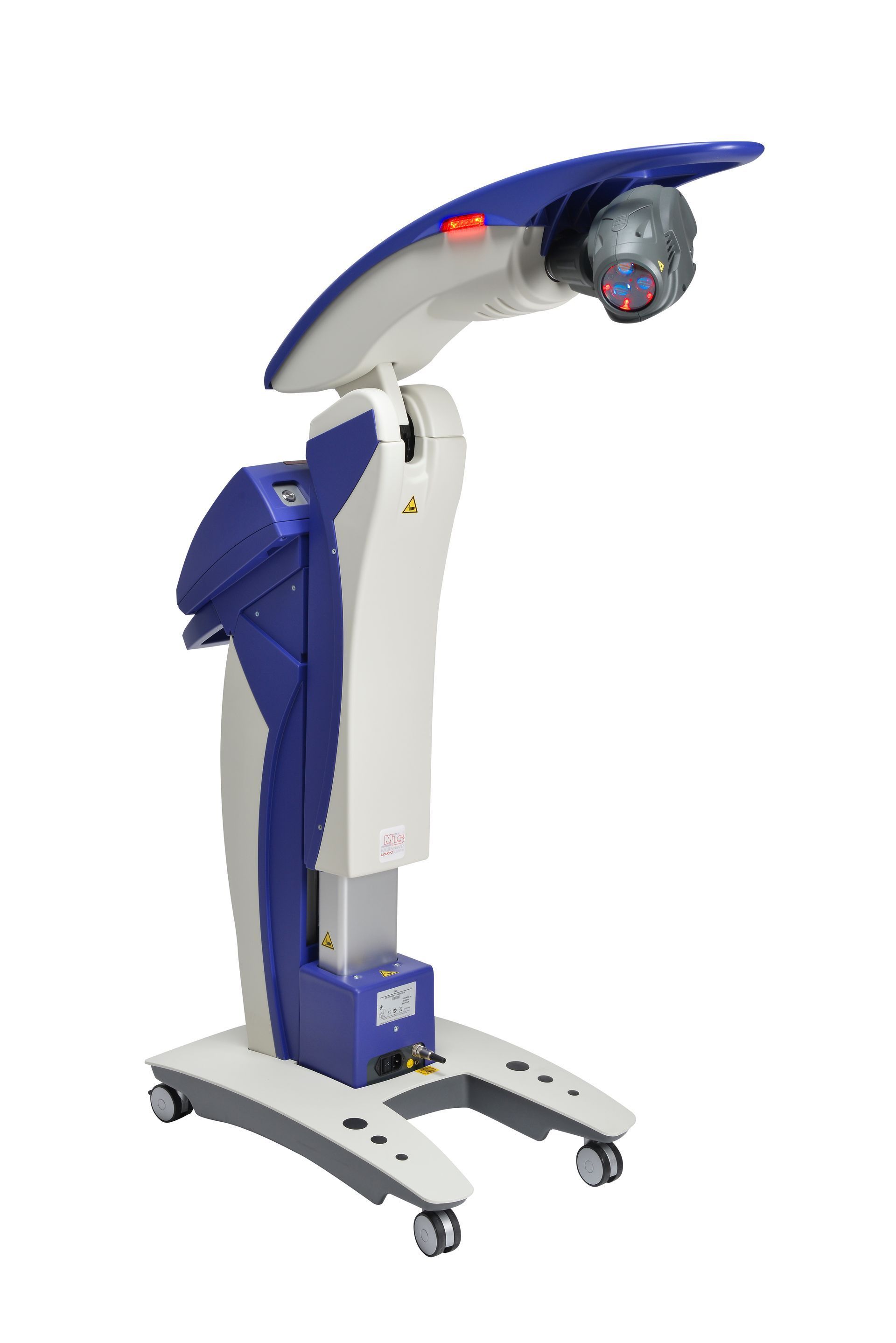Blue and white medical device on wheels; used for treatments, has a curved arm with a treatment head.