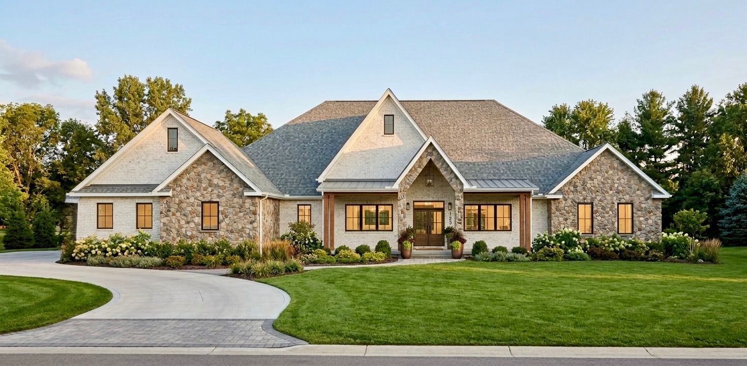 Large stone suburban house with gray roof, front porch, and landscaped lawn under a clear sky