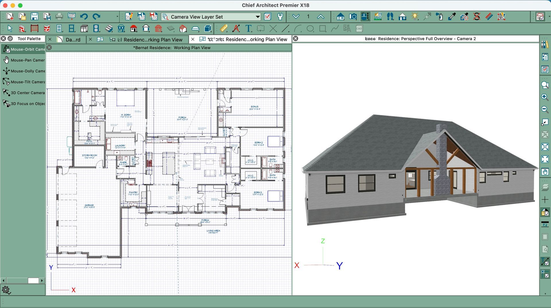 Architectural design software showing a house floor plan and 3D exterior rendering side by side