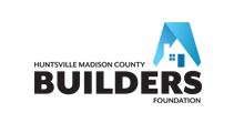 Logo for Huntsville Madison County Builders Foundation: Blue and white house outline inside a blue arch; text below.