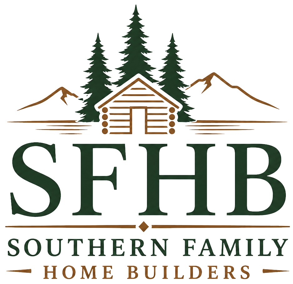 Cabin with trees, above a brown rectangle with "SFHB" in green letters.