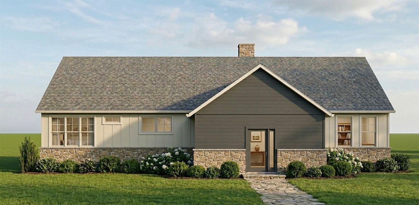 Single-story suburban house with gray roof, dark front gable, and neatly trimmed lawn