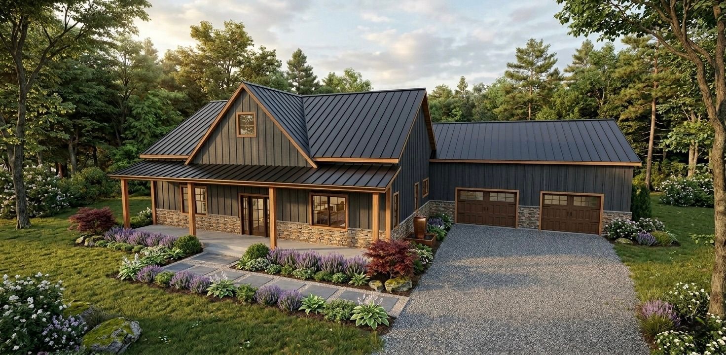 Charming stone-and-wood house with gabled roof, flower beds, and gravel driveway in a lush wooded setting