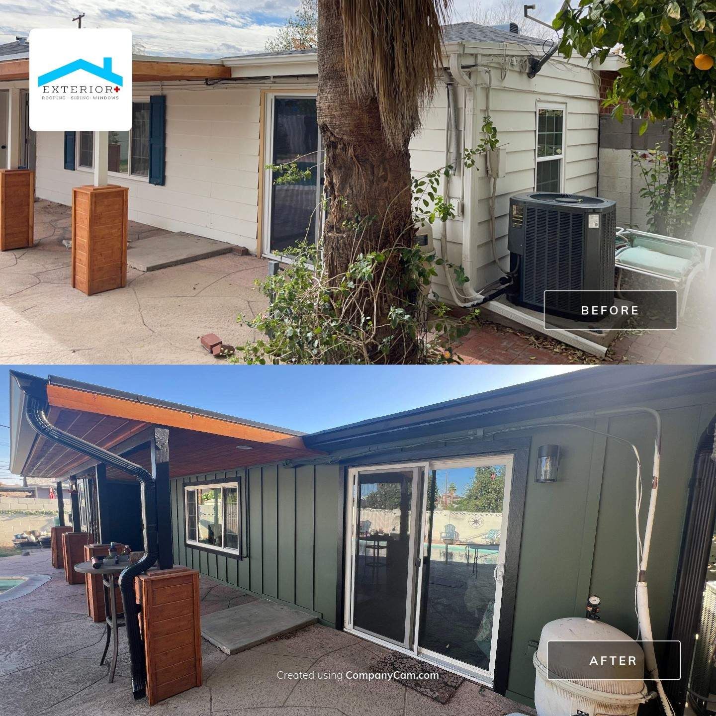 A before and after photo of a house with a tree in the background.