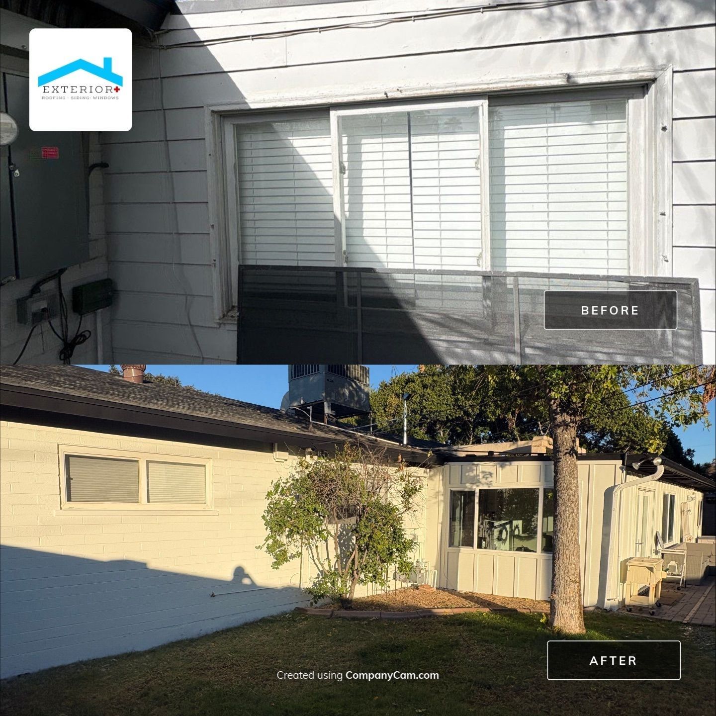 Before and after exterior house renovation old white paint, new paint, windows, and trees.