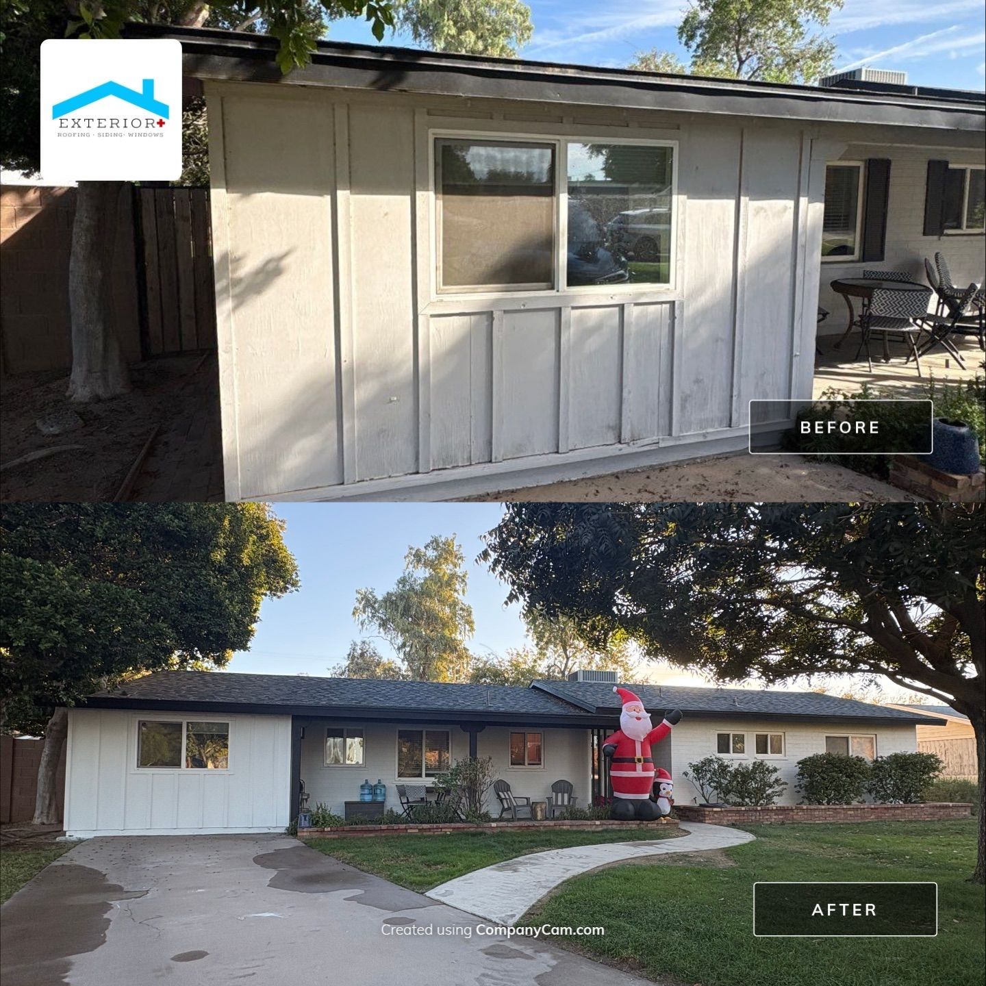 Before and after of a house painted white with a black roof, updated landscape, and a Santa decoration.