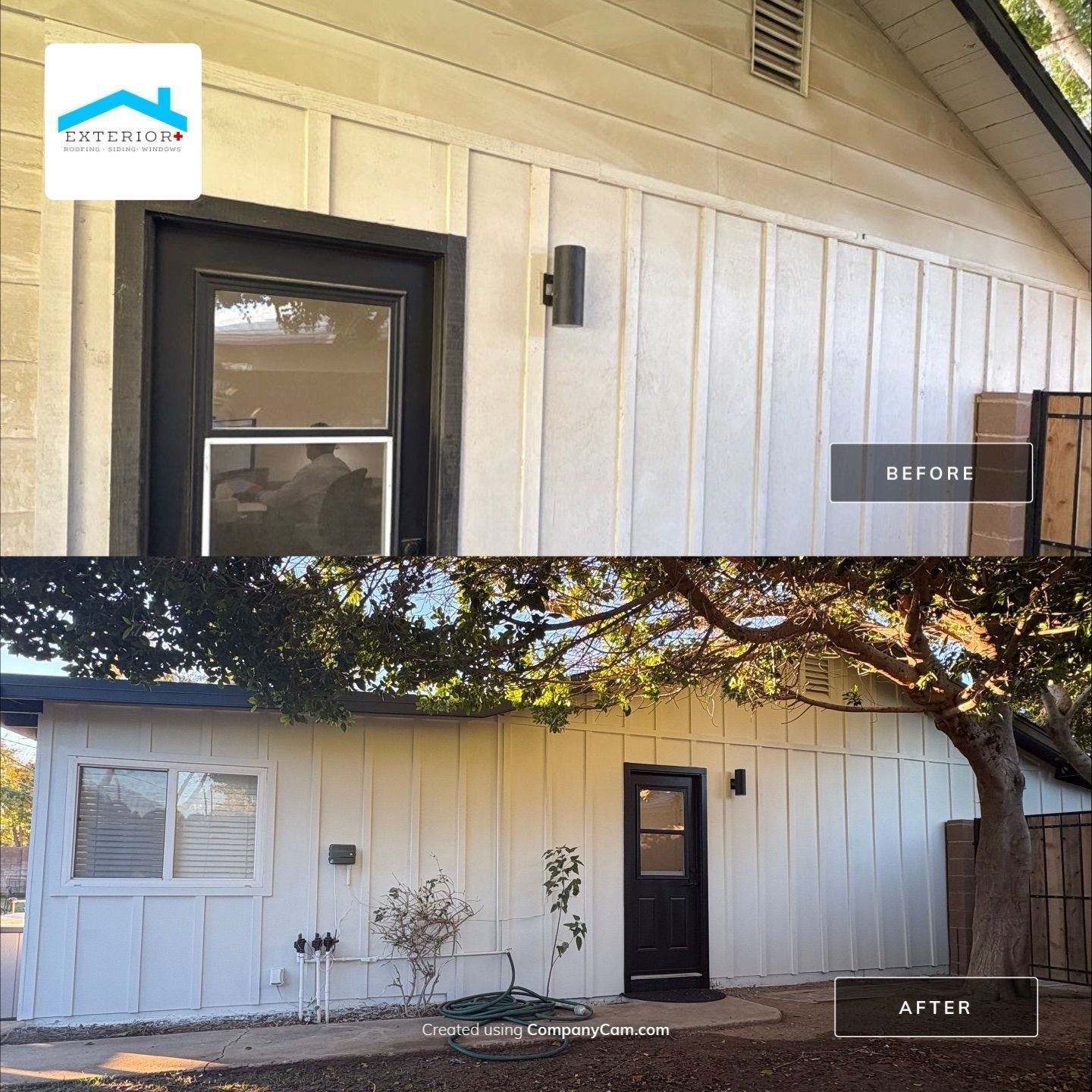 Before and after of a house exterior renovation, showcasing a white exterior, black door, and updated lighting.