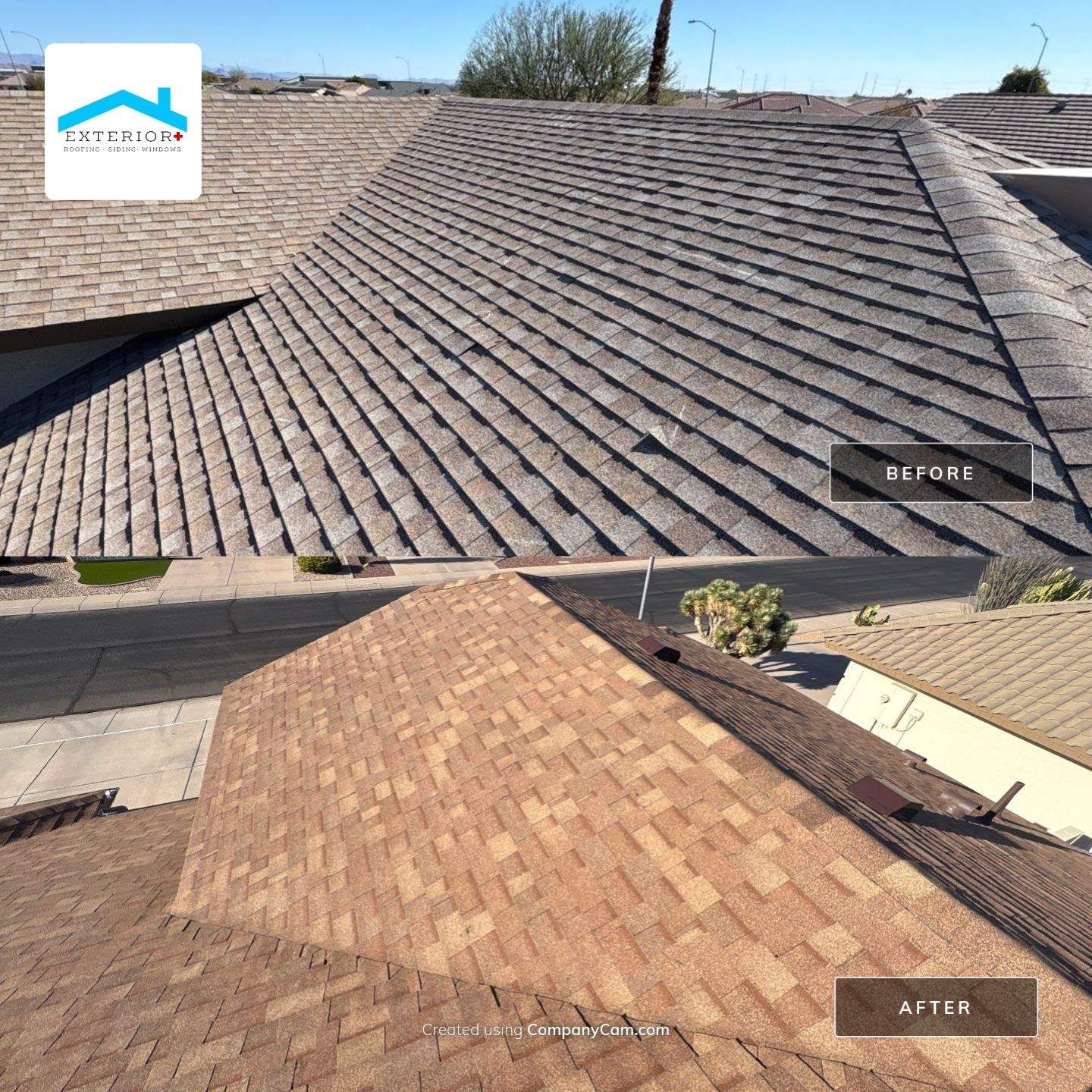 A before and after photo of a house roof.