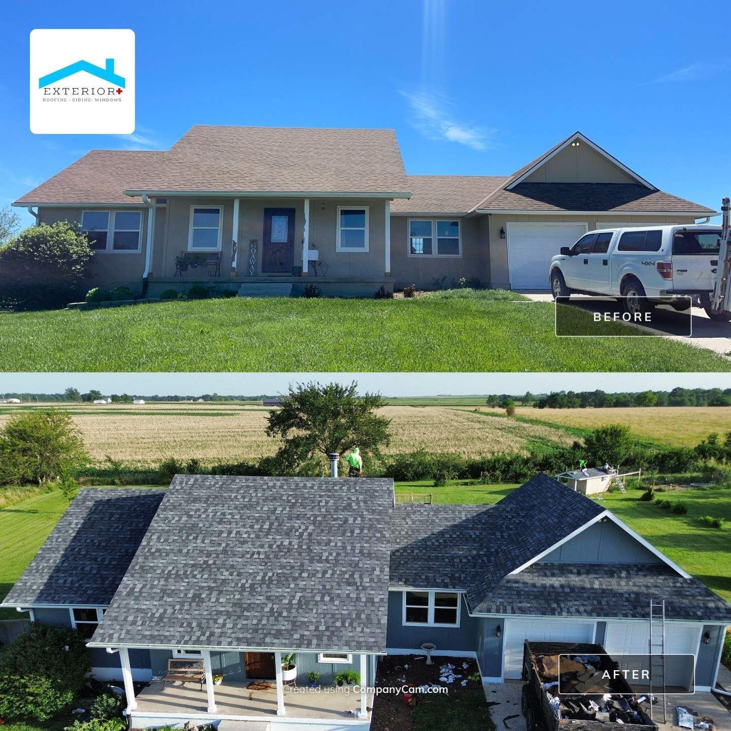 A before and after photo of a house with a truck parked in front of it