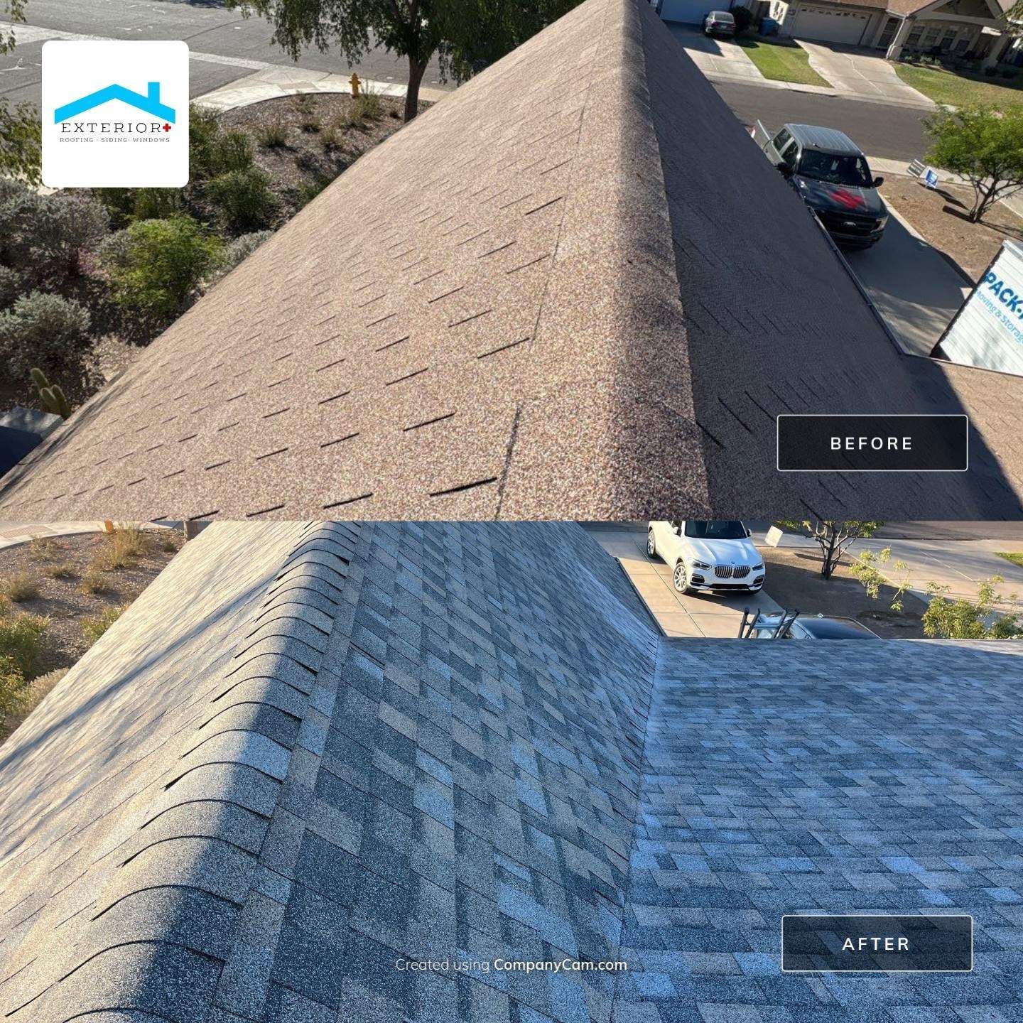 A before and after picture of a roof with a car parked on it.
