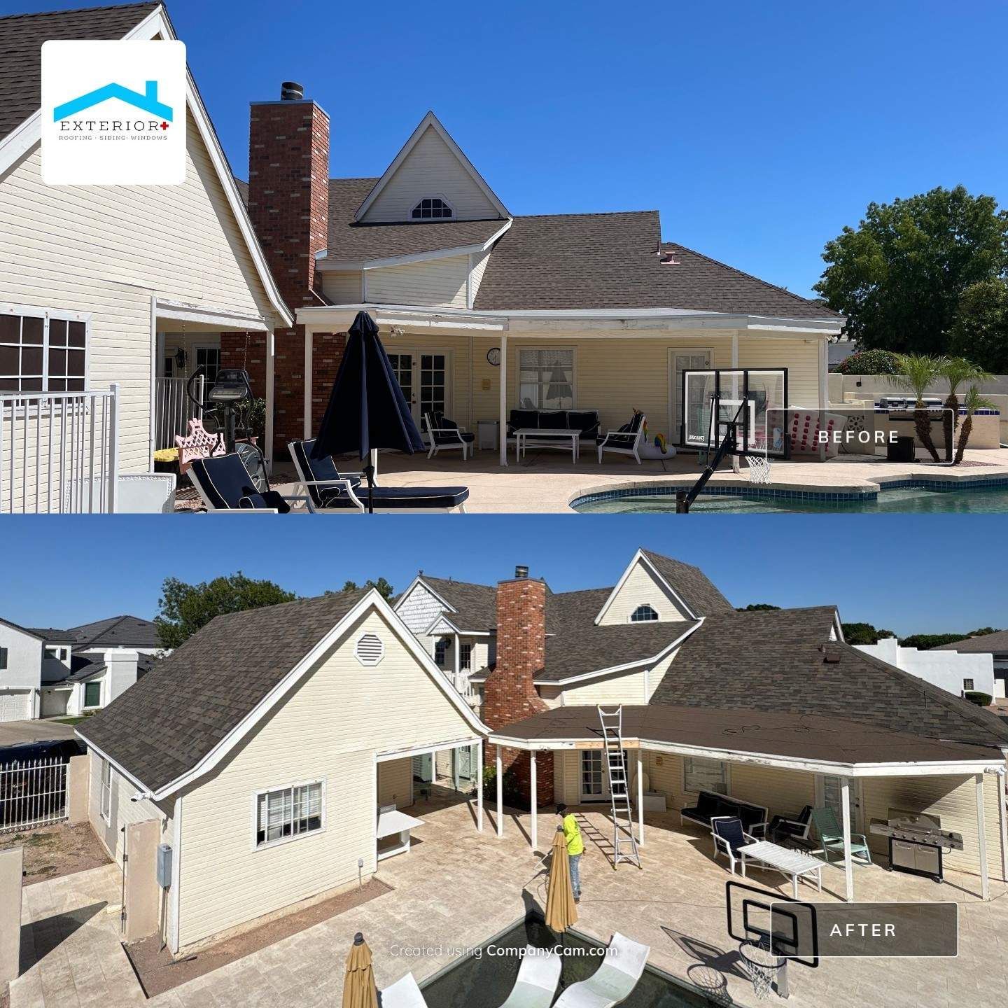 Top and bottom views of a house with a pool. Roof before and after renovation.