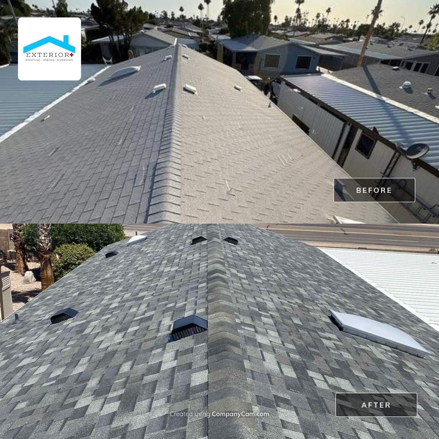 Comparison of a roof before and after replacement with grey shingles; sunny setting.