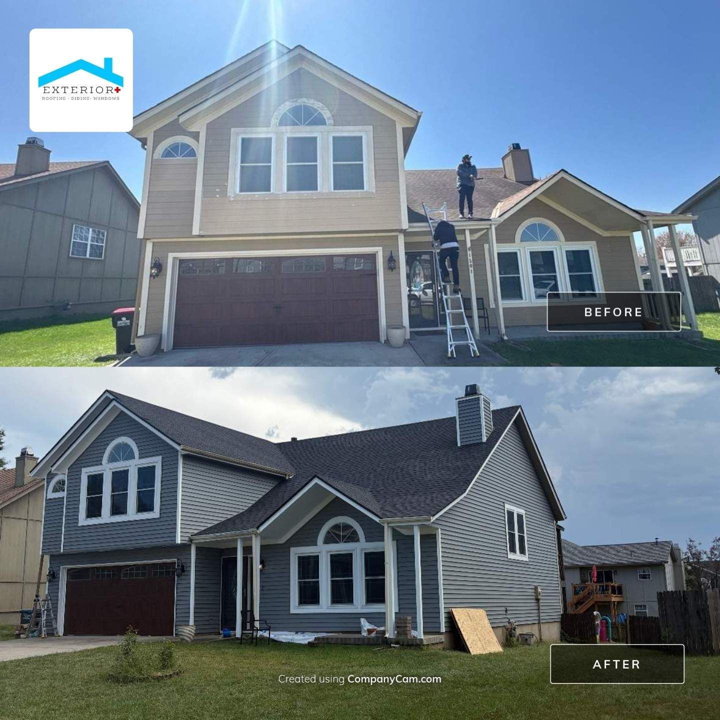 Before and after home exterior: beige to gray with trim and roof changes.