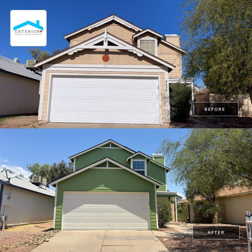 Before-and-after of a house exterior repaint: beige home becomes green with white garage door and trim.