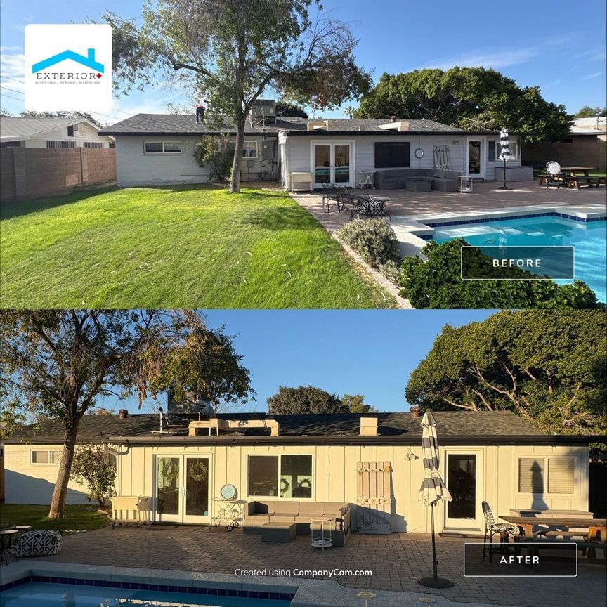 Before-and-after backyard view of a house, showing lawn and pool transformed into a patio with French doors.