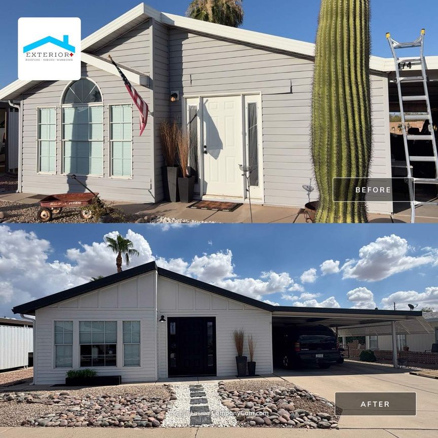 Before-and-after exterior of a gray house with desert landscaping, showing a blue-trimmed front and updated facade.