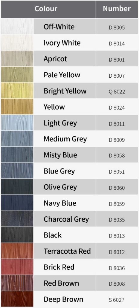 Color options chart showing multiple textured roof shingle samples in black, gray, brown, red, and blue-gray.