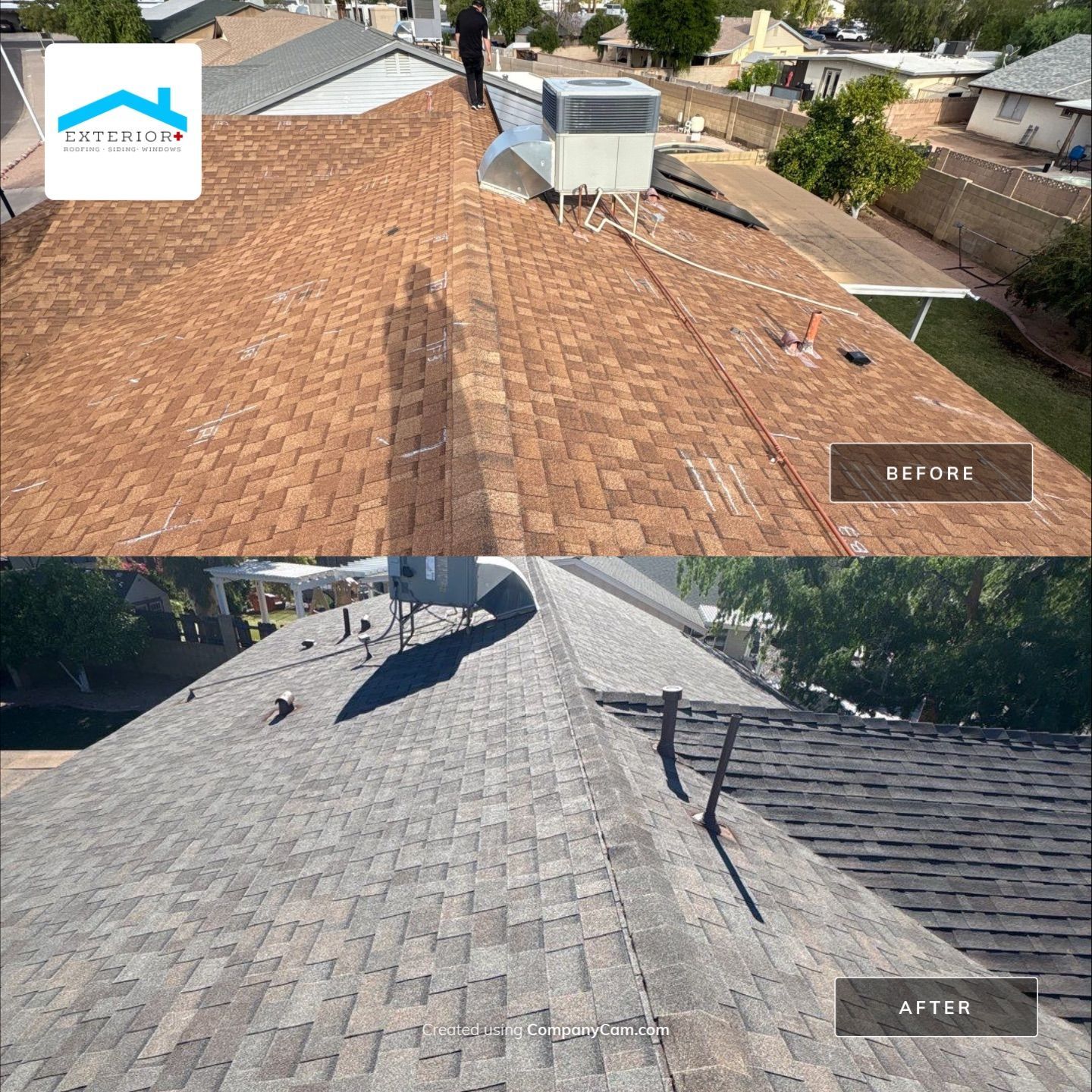 Split image showing a roof before and after a replacement: old brown shingles above, new gray shingles below.