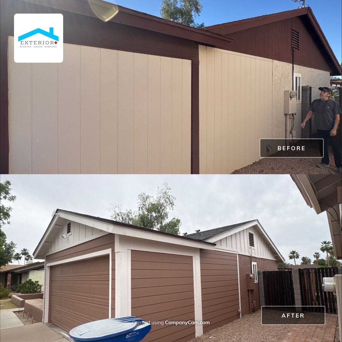 Before-and-after view of a tan garage with brown trim and a white garage door replacement.
