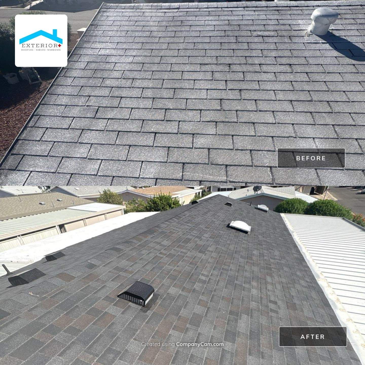 Roof with gray shingles and skylight, showing two angled views of a residential rooftop.