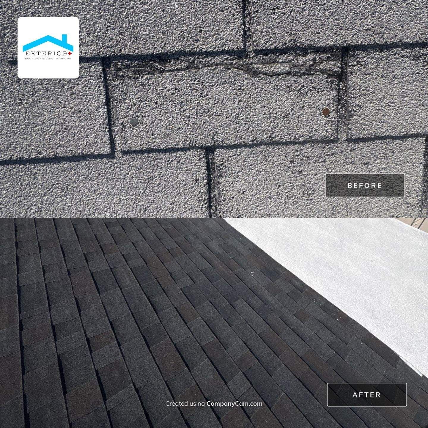 Before-and-after roof comparison: damaged shingles above, repaired dark shingles below.