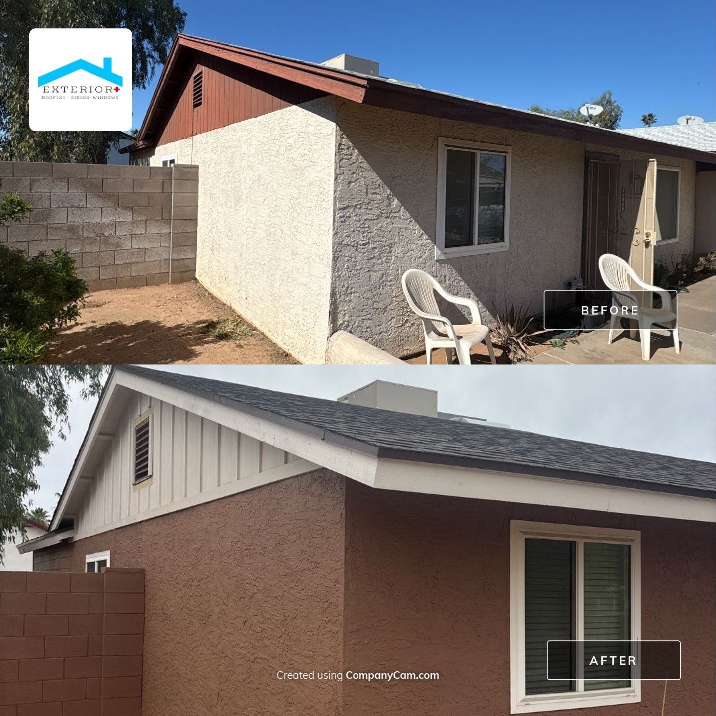 Before-and-after exterior repaint of a house with beige stucco and brown trim under a clear sky.