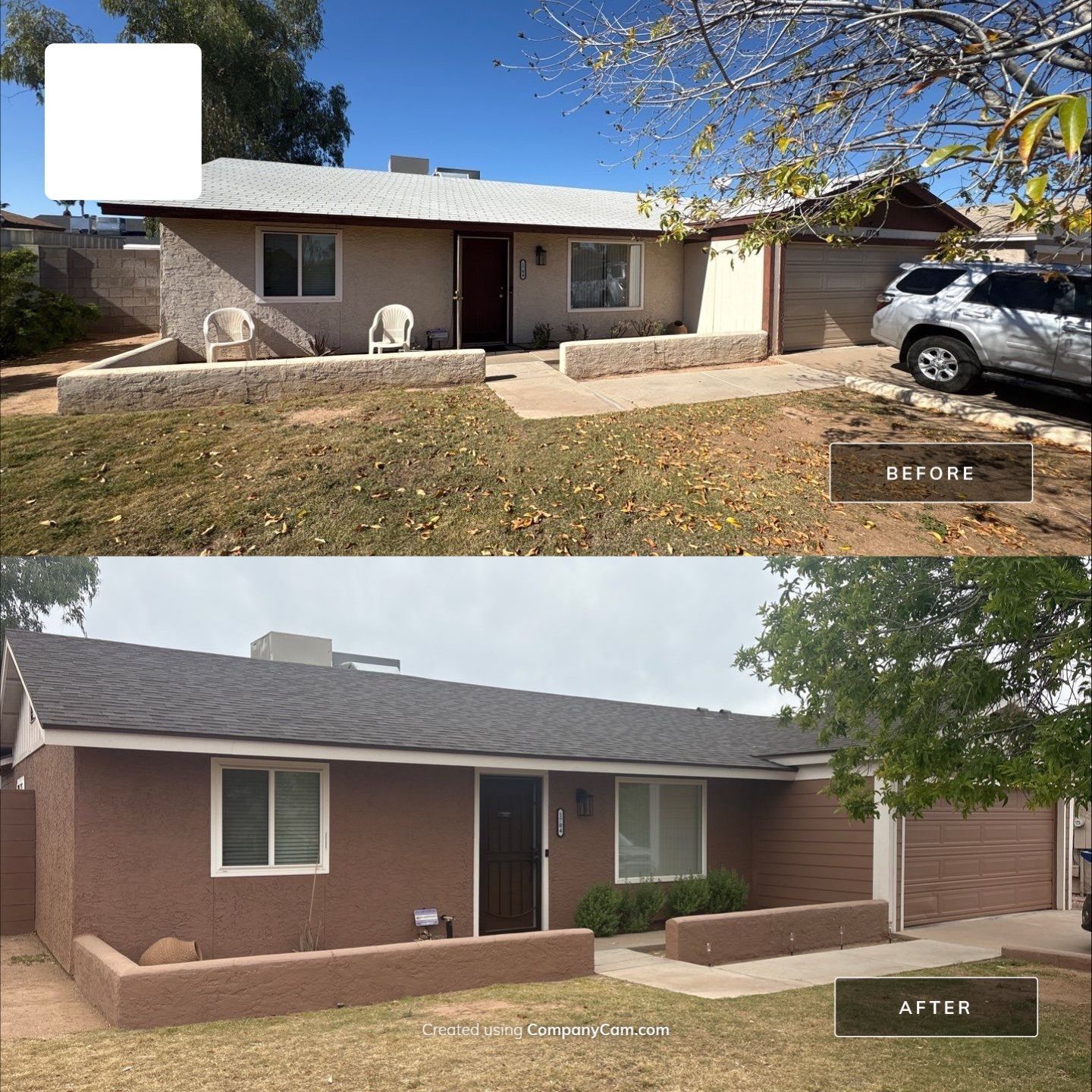 Before-and-after exterior of a beige house with a brown roof and driveway, showing landscaping and porch changes.