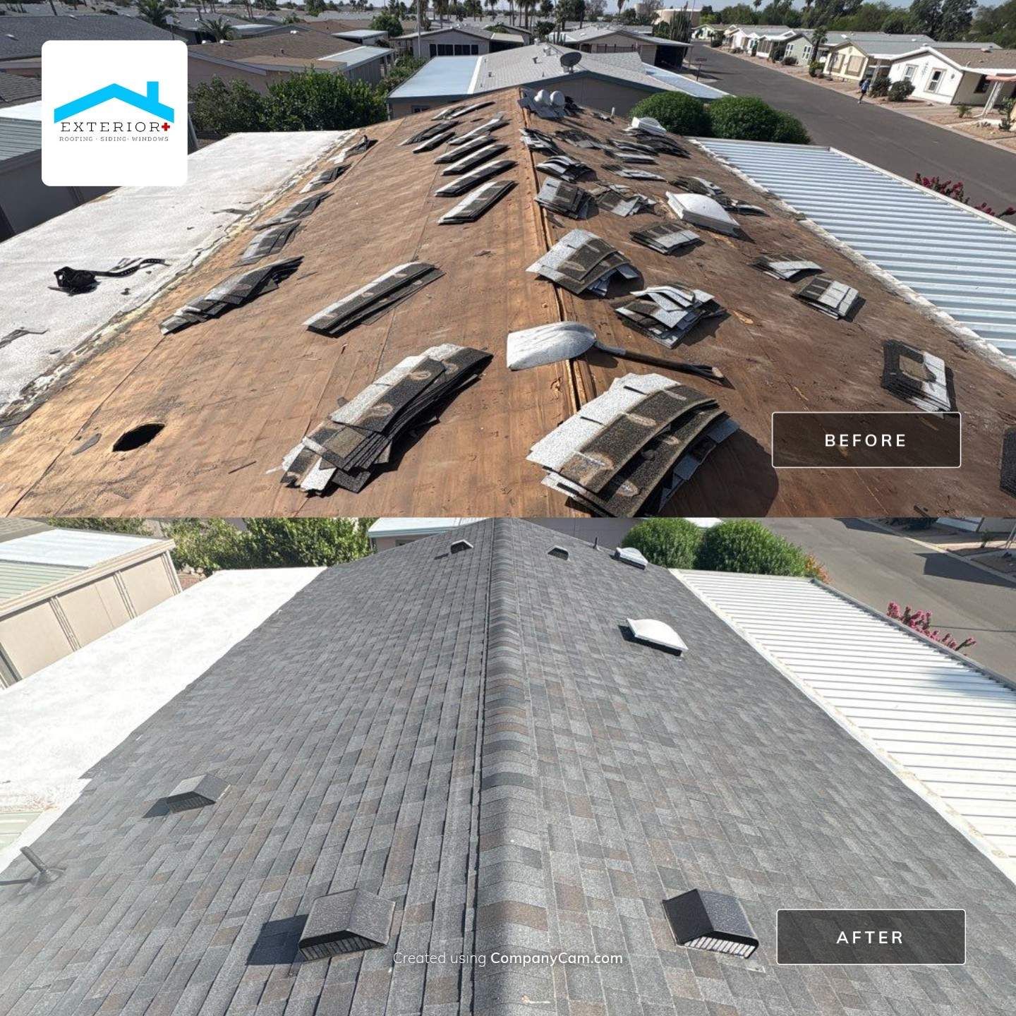 Roof repair before-and-after: damaged shingles replaced with new gray roofing on a house
