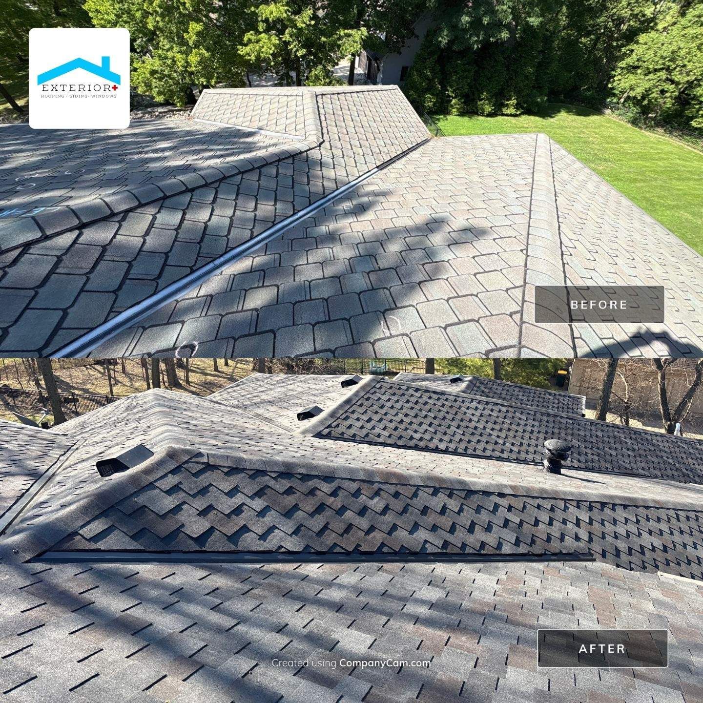 Before and after view of a residential roof showing the installation of dark, textured shingle roofing material.