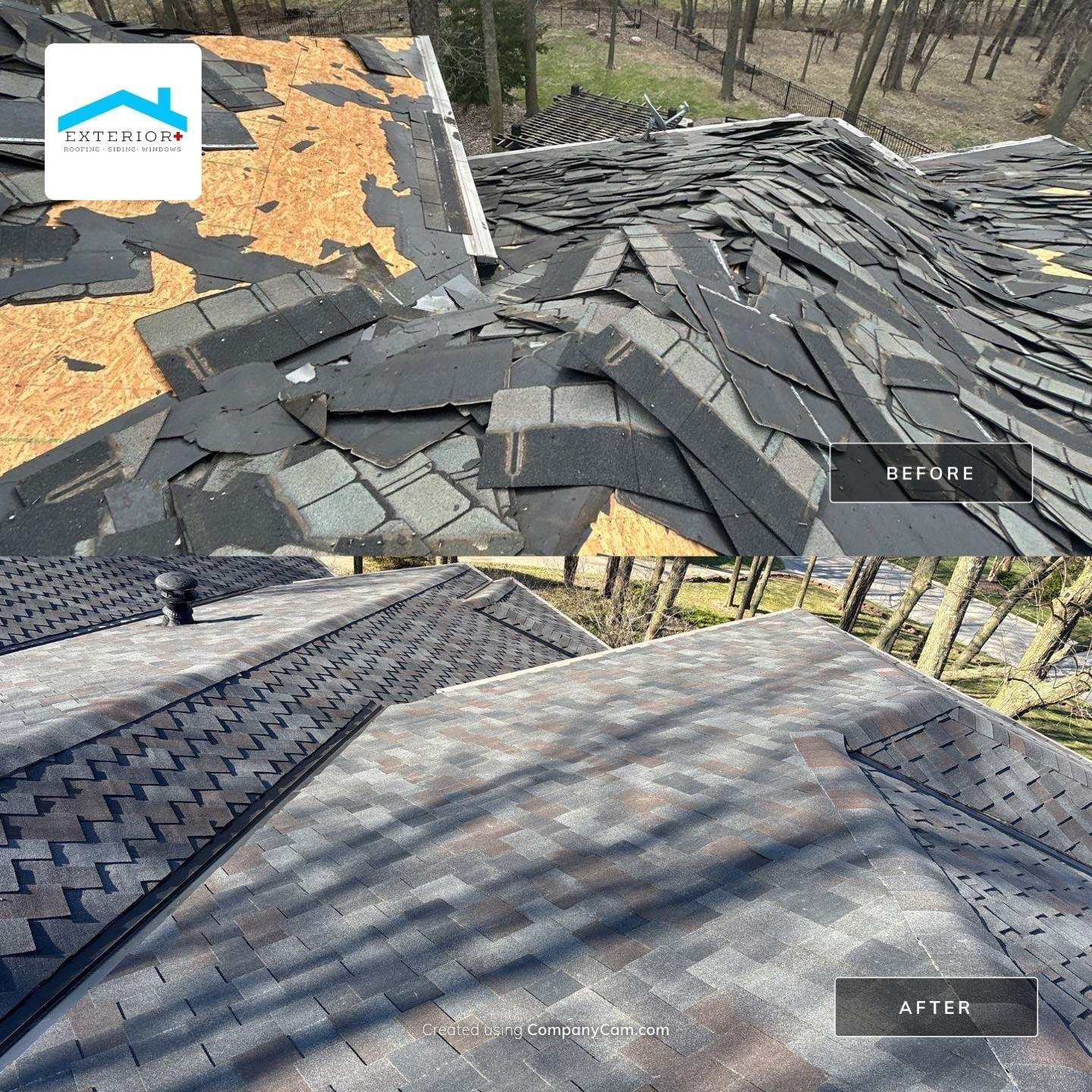 Before and after photos of a roof renovation, showing shingles removed from the deck and replaced with new gray shingles.