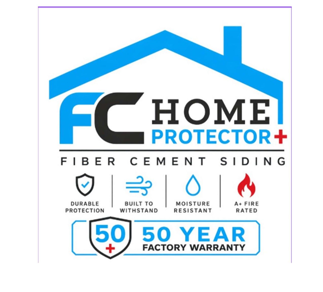 FC Home Protector+ fiber cement siding logo with blue roof icon and 50-year factory warranty badges