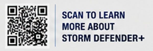 Black-and-white QR code beside blue text saying “Scan to learn more about Storm Defender+”
