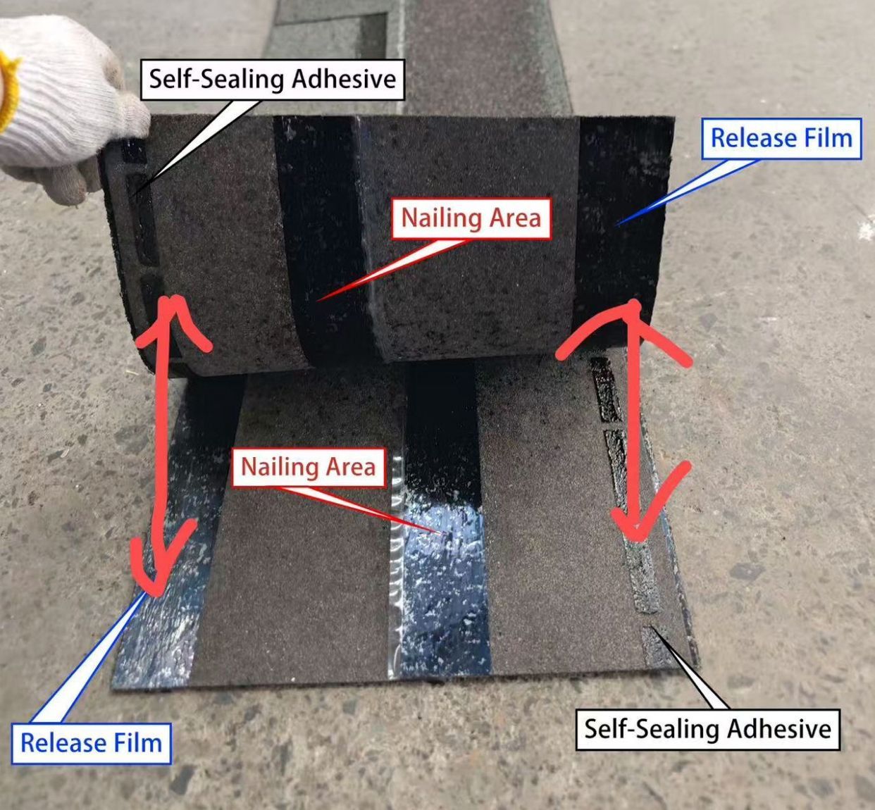Roof shingle installation diagram showing self-sealing adhesive, release film, and nailing areas with red arrows