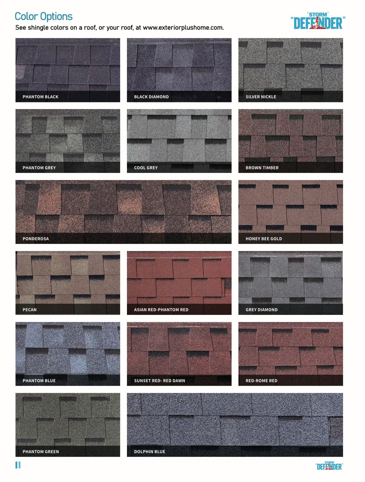 Color options chart showing multiple textured roof shingle samples in black, gray, brown, red, and blue-gray.