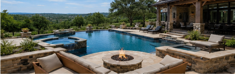 Luxury backyard pool with stone fire pit, lounge chairs, and patio overlooking a scenic view