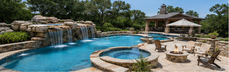 Resort pool with waterfalls, a hot tub, and lounge chairs under a canopy on a sunny day
