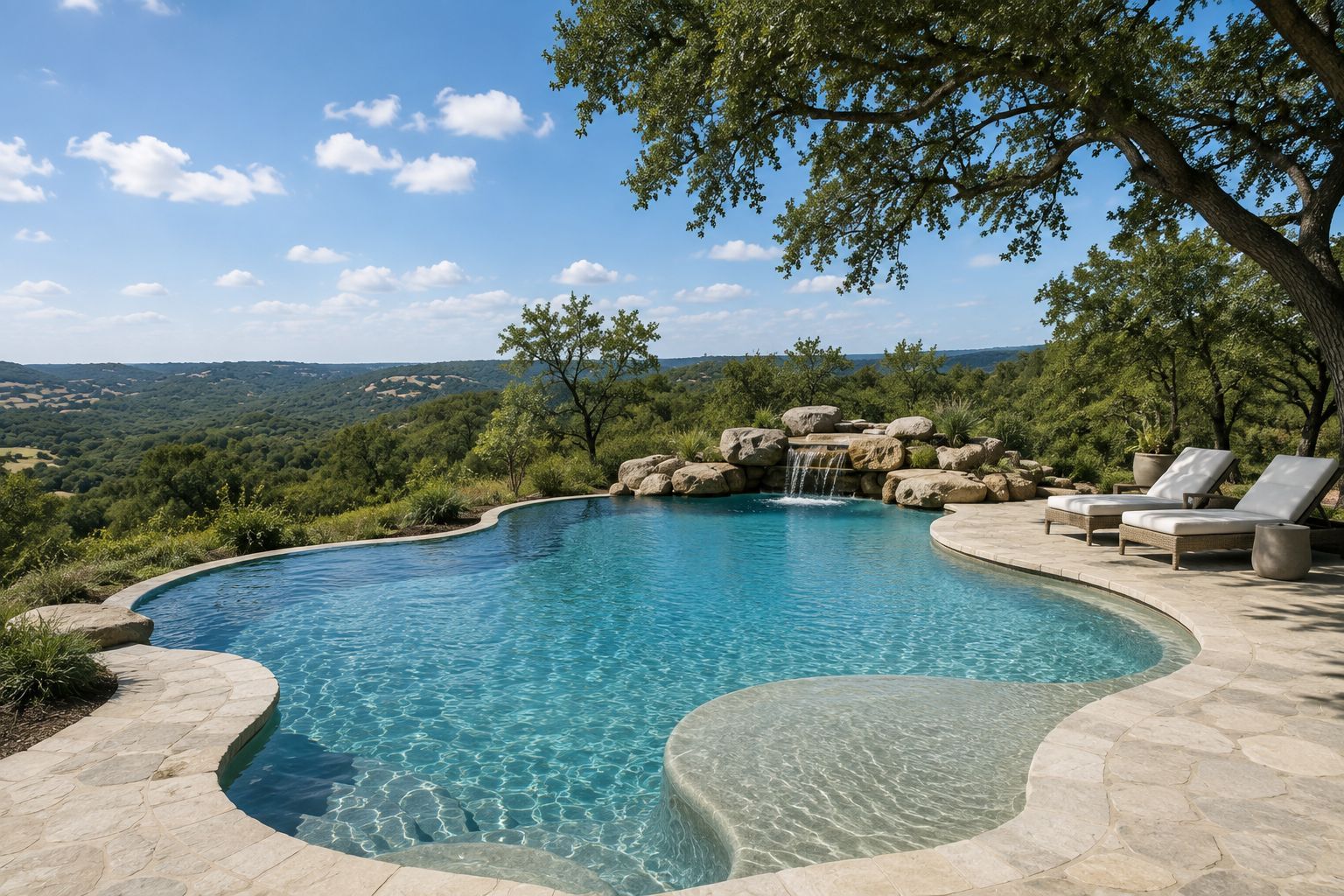 Freeform pool with blue water, stone deck, lounge chairs, and a scenic hillside view under a clear sky