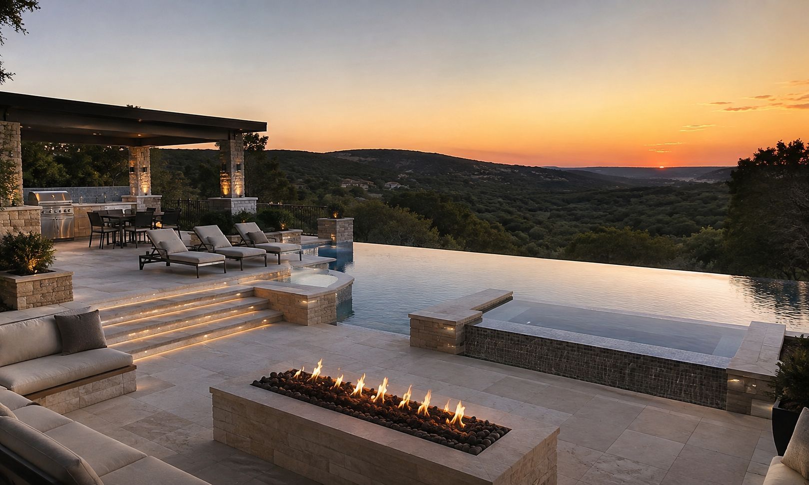 Modern patio with fire pit and pool overlooking hills at sunset