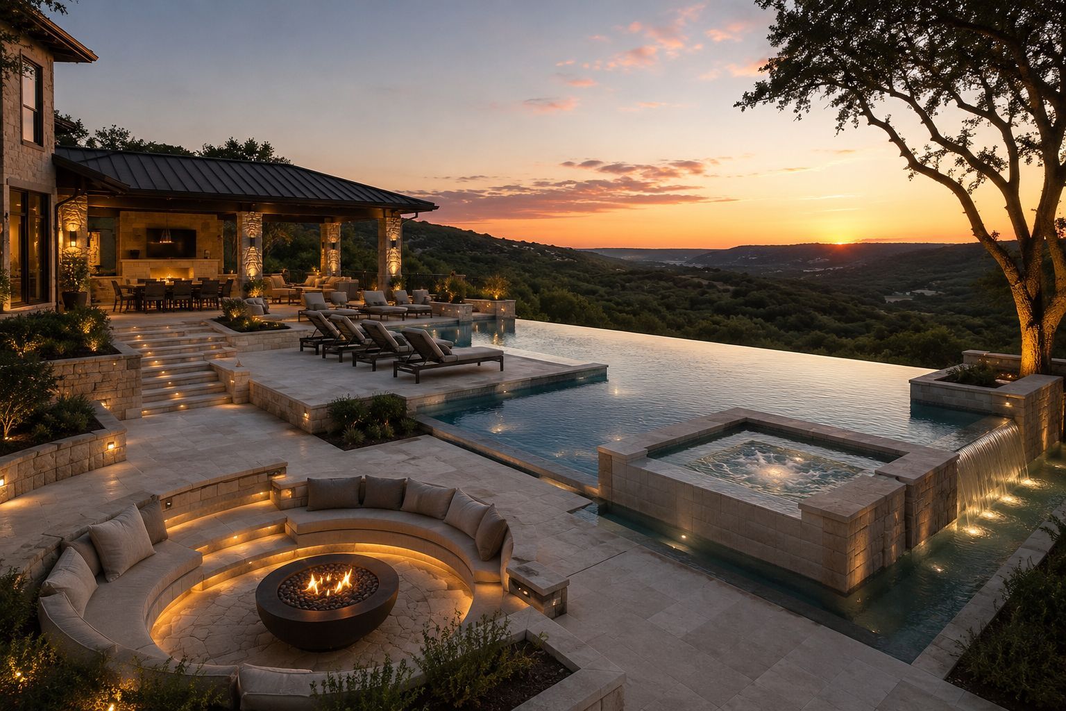 Sunset luxury patio with fire pit, pool, and hillside view beside a modern house