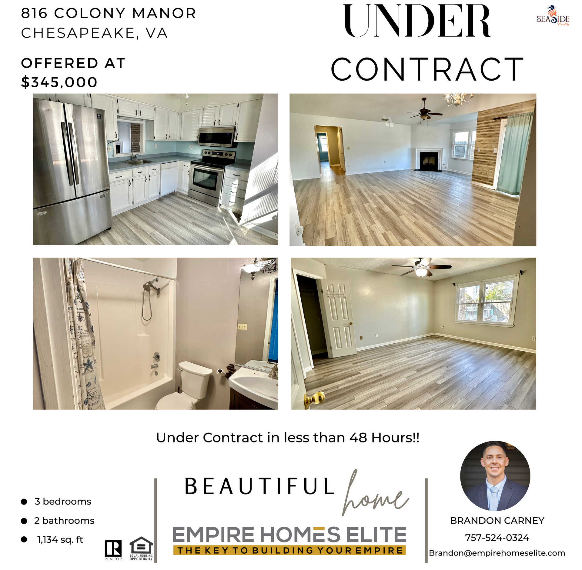 Real estate flyer: 816 Colony Manor, Chesapeake, VA, offered at $345,000, Under Contract. Interior photos. Realtor portrait.