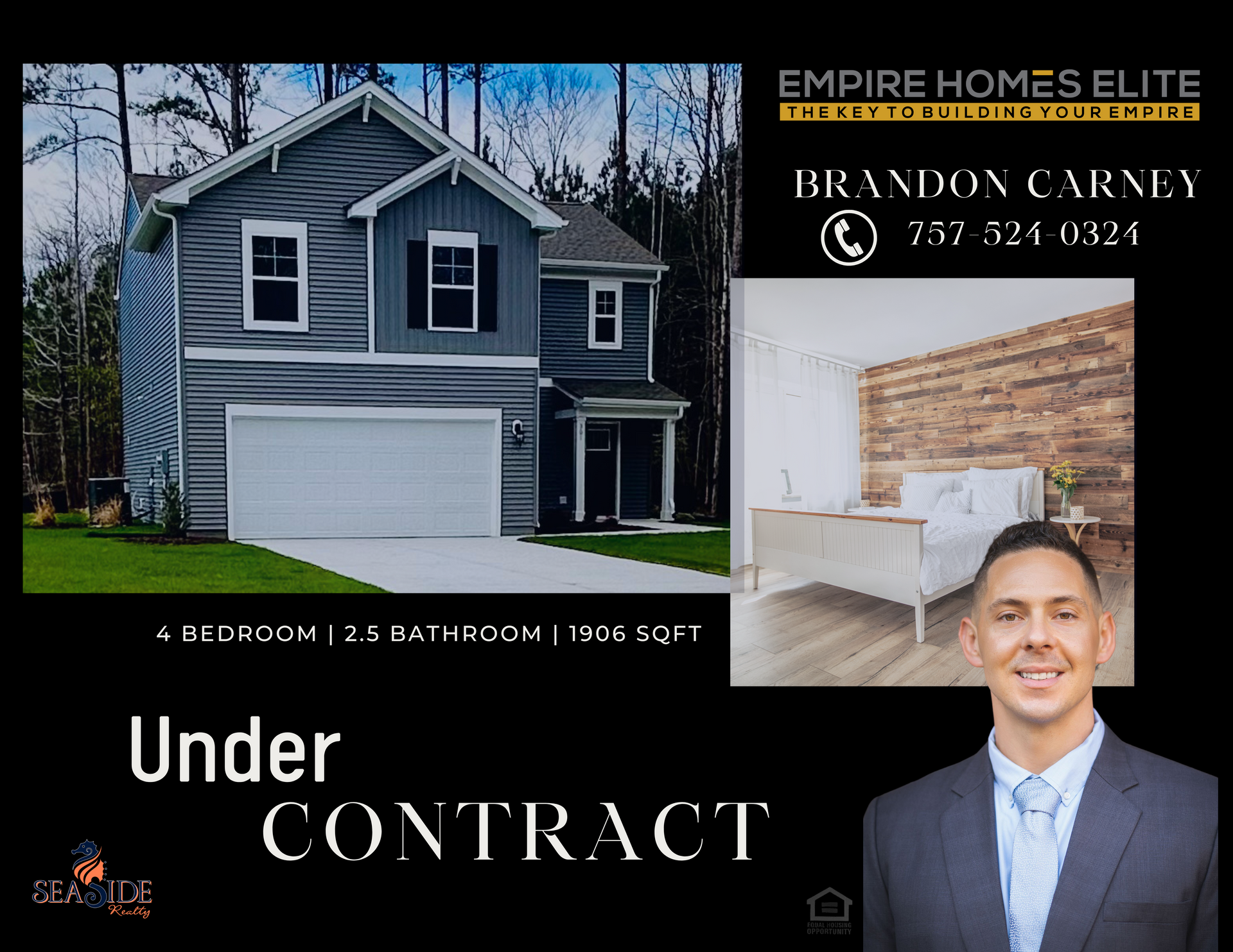 Real estate ad for a house under contract with a headshot of Brandon Carney.