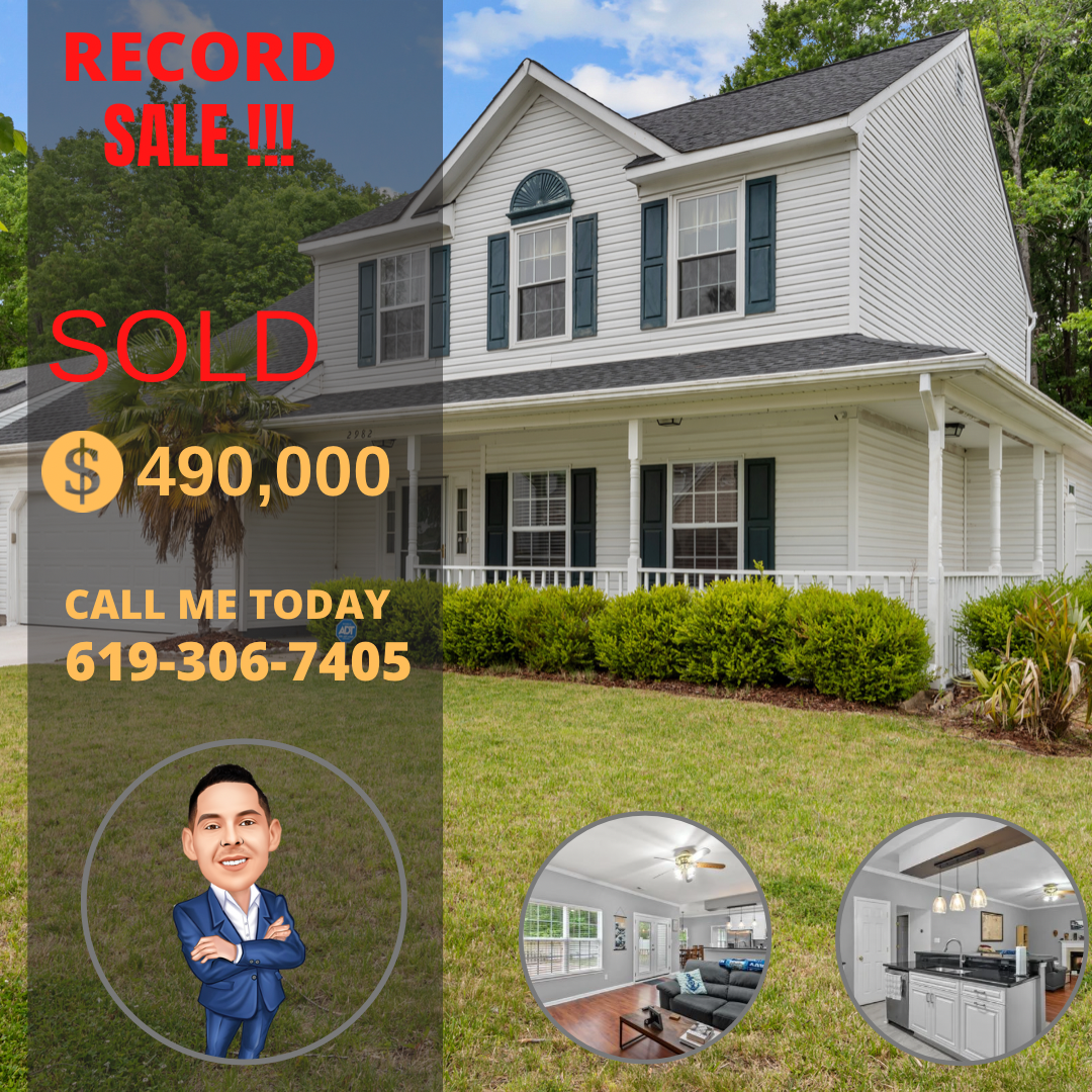 Real estate ad: White house, SOLD for $490,000.  Agent's caricature and phone number on ad.