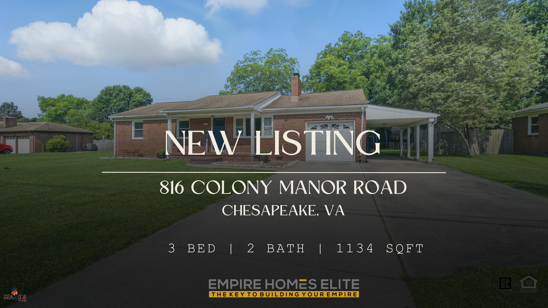Real estate listing: Brick house with carport, New Listing graphic, address, and details.