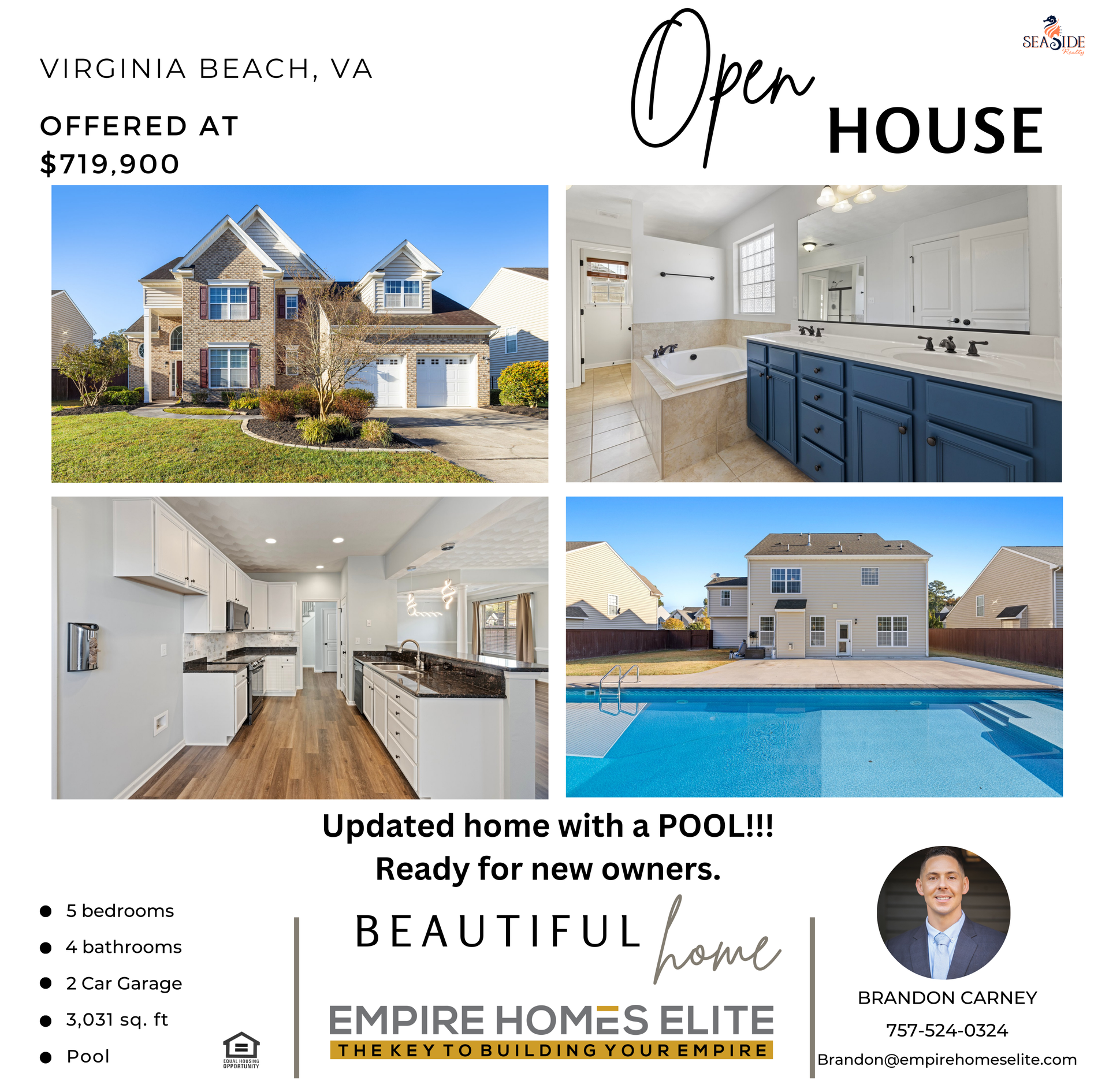 Real estate flyer: Virginia Beach house for sale, with pool. Features interior & exterior views, price, and agent info.