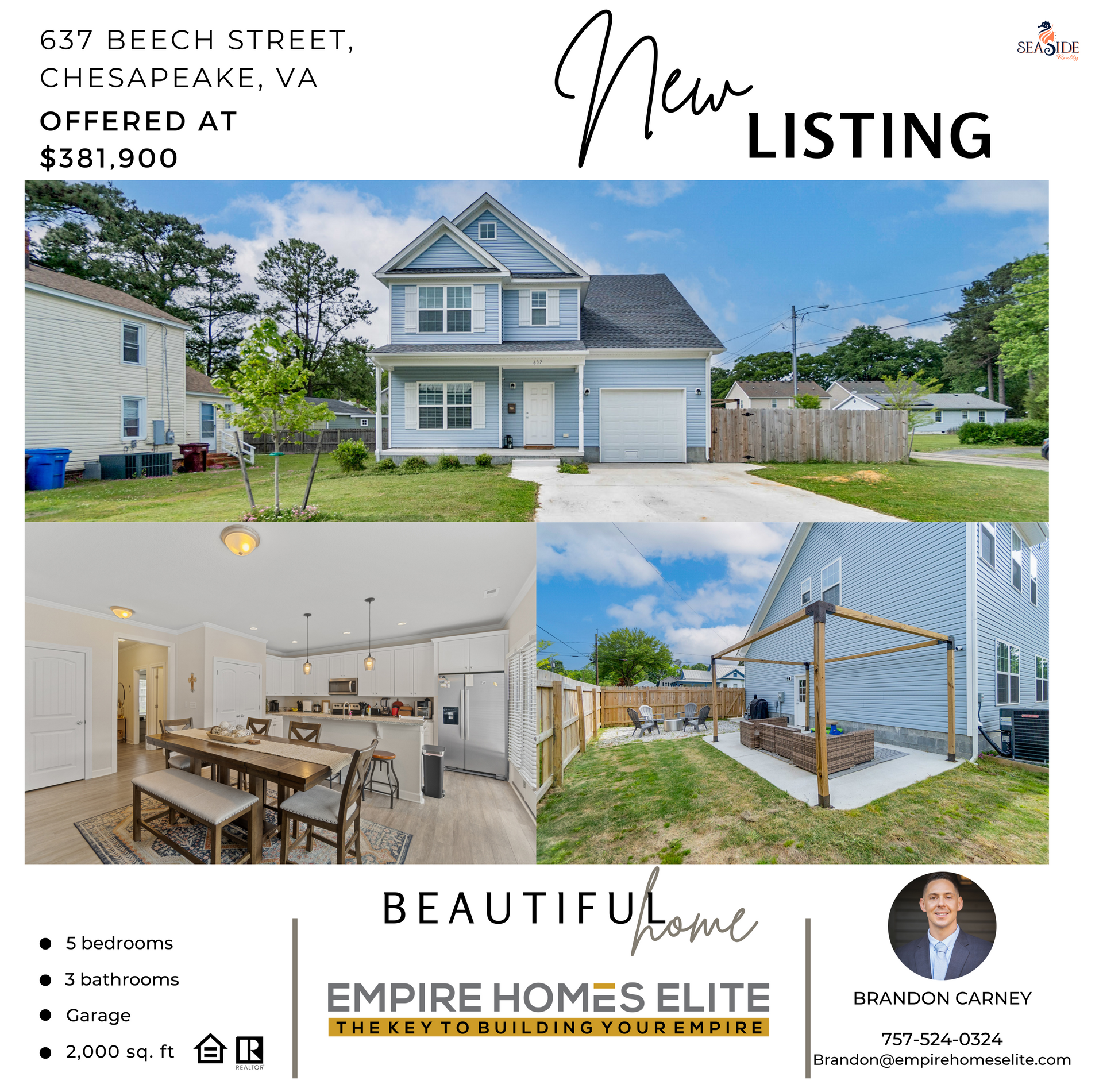 Real estate listing: Light blue house, interior dining space, backyard with pergola; $381,900.