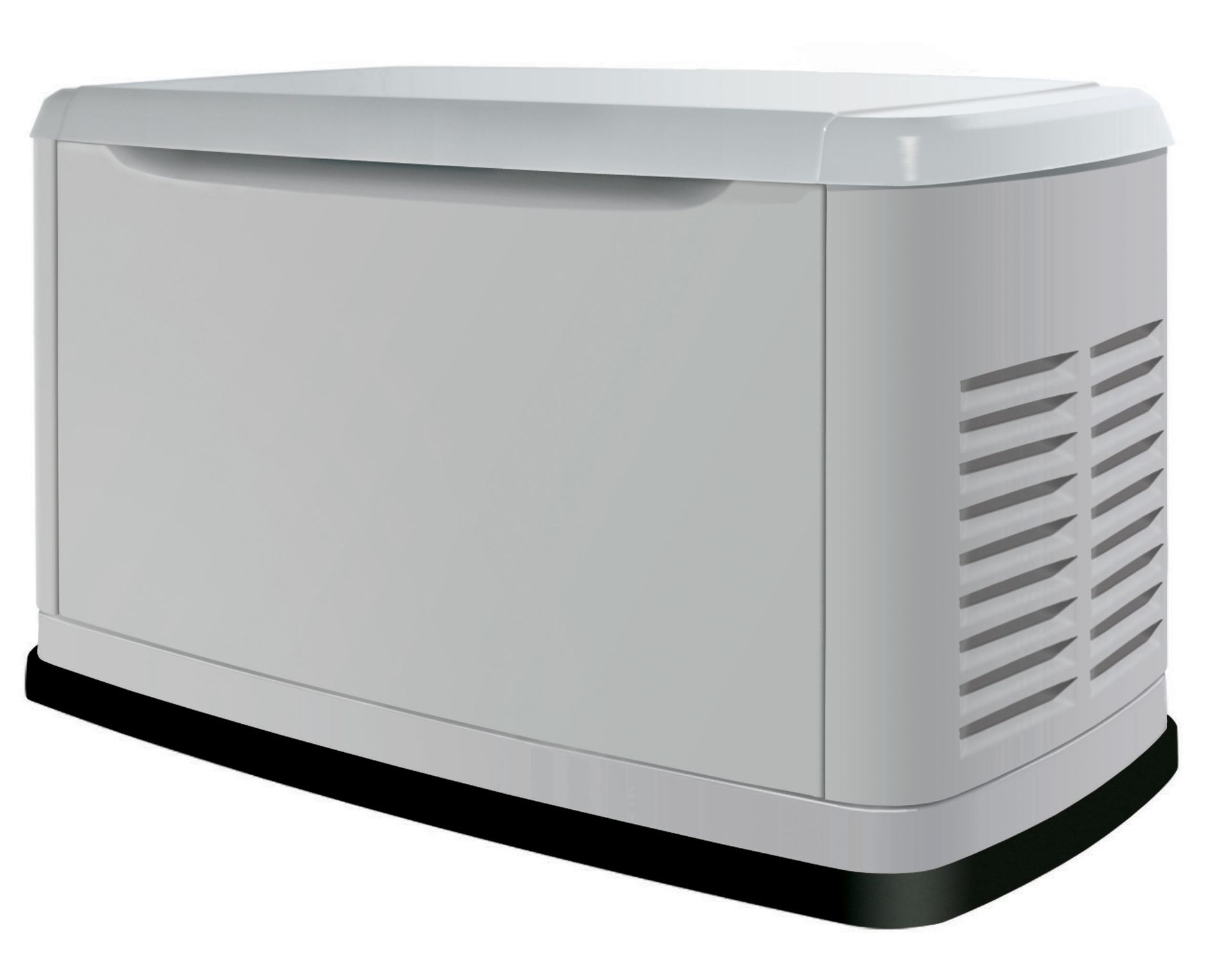 A gray and white standby generator with a black base.