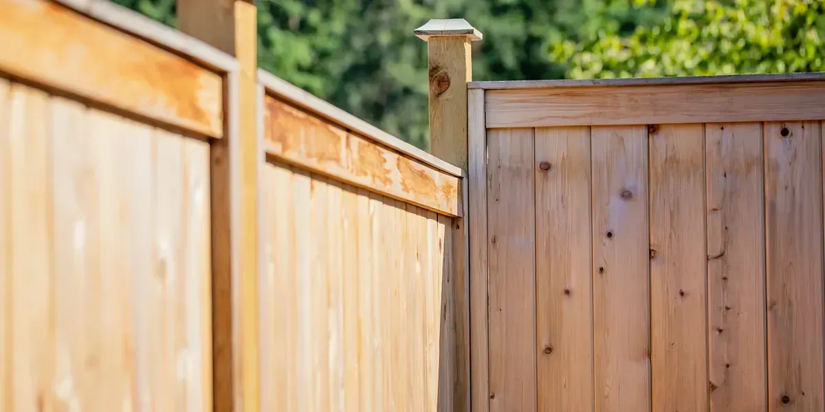 Wooden fence with vertical panels and decorative top rail. Green foliage in the background.